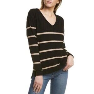 Bobeau V-Neck Exposed Seam Sweater in Black and Tan Stripes
